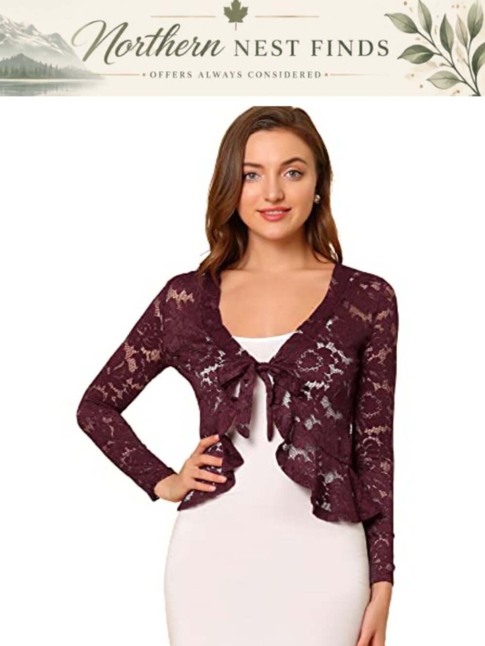 Lace Shrug Long Sleeve Ruffle Tie Front Formal Evening Bolero